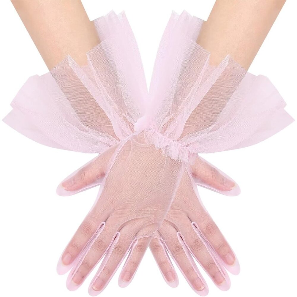 Women's Short Pink Tulle Mesh Puffy Ruffle Gloves Wedding Party Prom Costume